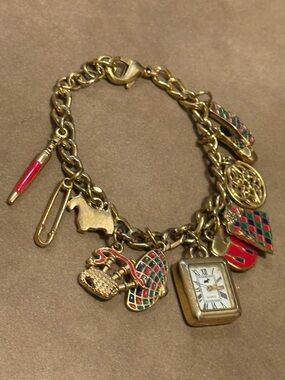 Gold-Tone Enamel Charm Bracelet Watch with Red and Multicolor Accents